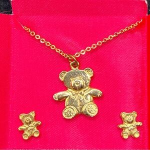 Vintage Gold Tone Teddy Bear Necklace & Earrings Set